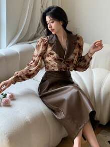 DAZY Của phụ nữ Tương phản Màu sắc In hoa Áo sơ mi Và Bộ váy - màu nâu - Xem 3