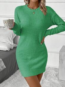 SHEIN Clasi 純色落肩休閒毛衣連身裙 - 綠色 - 查看 5