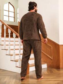 男士純色毛絨家居服套裝 - 棕色 - 查看 3