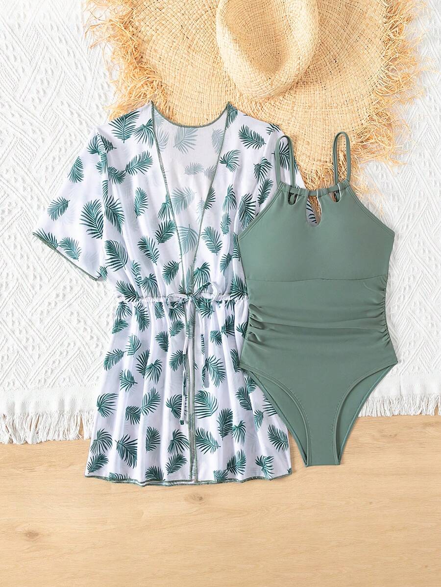 少女中大童空心背心連體泳衣,附有葉子印花束腰遮陽裙 - 綠色 - 查看 1