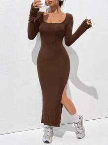 SHEIN EZwear 女士針織側開叉修身連衣裙 - 巧克力棕 - 查看 3