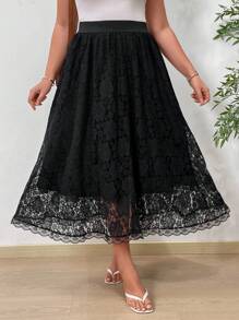 SHEIN Clasi 大尺碼高腰蕾絲覆蓋a字裙 - 彩色 - 查看 1