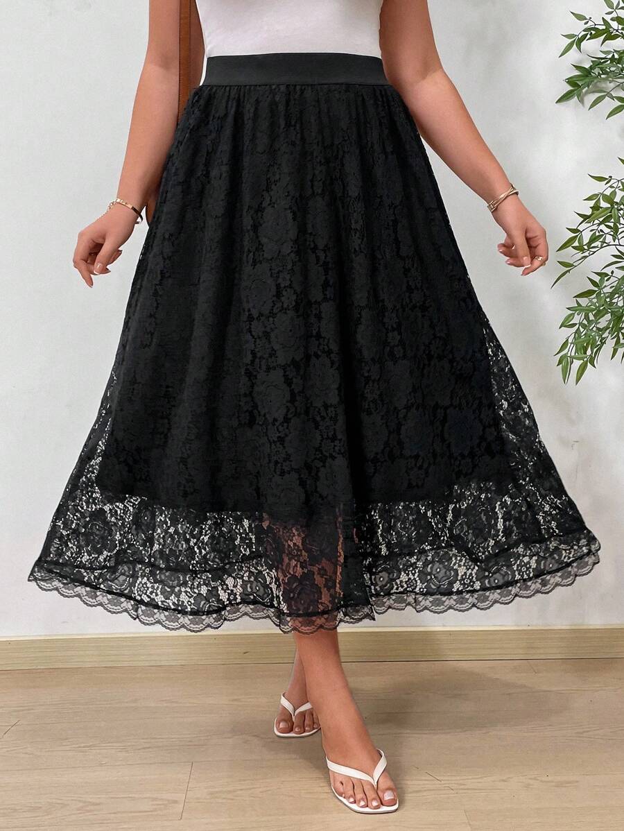SHEIN Clasi 大尺碼高腰蕾絲覆蓋a字裙 - 彩色 - 查看 1