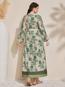 Al Najma Women's Floral Print Bow-Tie Neck Long Lantern Sleeve Modest Dress Cottagecore Dresslantern Sleeve Dressresort Wear Women - Green - View 2