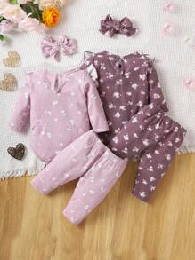 SHEIN Conjunto de ropa de casa de 2 piezas para bebé niña con pelele de manga larga y pantalones largos con diseño floral lindo y ribete de volantes - Multicolor - Ver 2