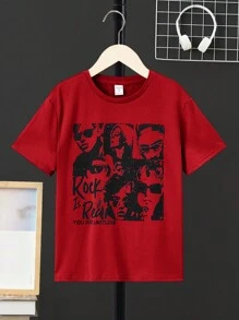 SHEIN Tween Boys' Comfortable Round Neck T-Shirt With Letter & Character Print - Red - View 1