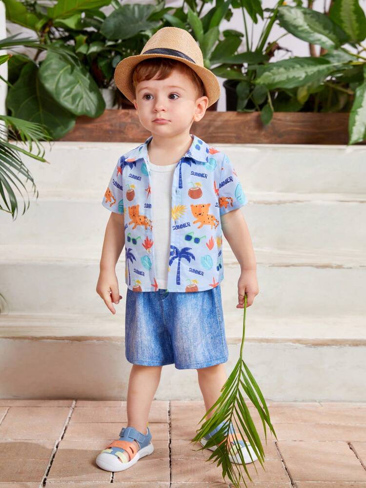 Baby Boys' Cartoon Animal Print Shirt And Denim Shorts Set
