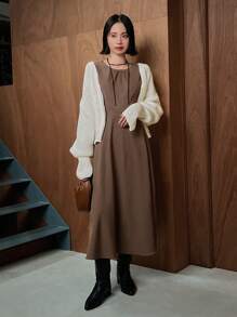 FRIFUL 純色長袖連身裙 - 棕色 - 查看 8