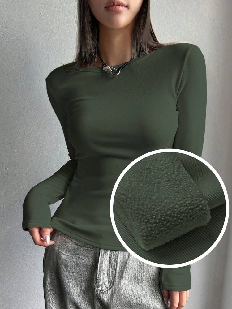 Solid Round Neck Thermal Tee Long Sleeve Women Tops,Thermal Lined Fall,Winter