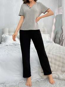 Conjunto De Pijama De Camiseta Sólida Con Ribete De Lechuga Y Pantalones Cortos Acanalados - Multicolor - Ver 5
