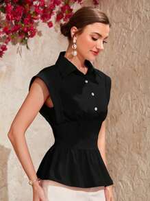 Mulvari Women'S Buttoned Half Placket Blouse With Ruffled Hem Women Shirt - Black - View 6