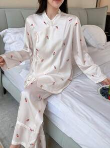 DAZY 女款風花卉印花束帶長袖長褲睡衣套裝 - 白色 - 查看 4