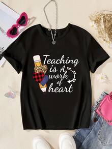 SHEIN Tween Girls' Heart & Slogan Print Short Sleeve T-Shirt - Black - View 1