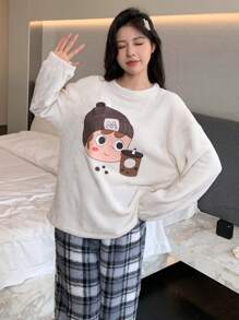 DAZY Mô hình Cartoon In Lông cừu san hô Kẻ sọc Bộ mặc nhà - Màu be - Xem 5
