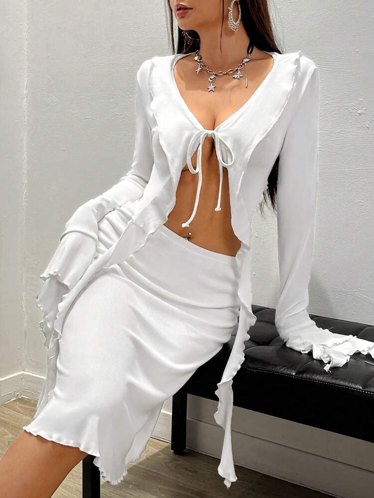 Women'S Front Tie Hem Ruffle Edge Long Sleeve Top And Skirt Set Fall Cloth For Women