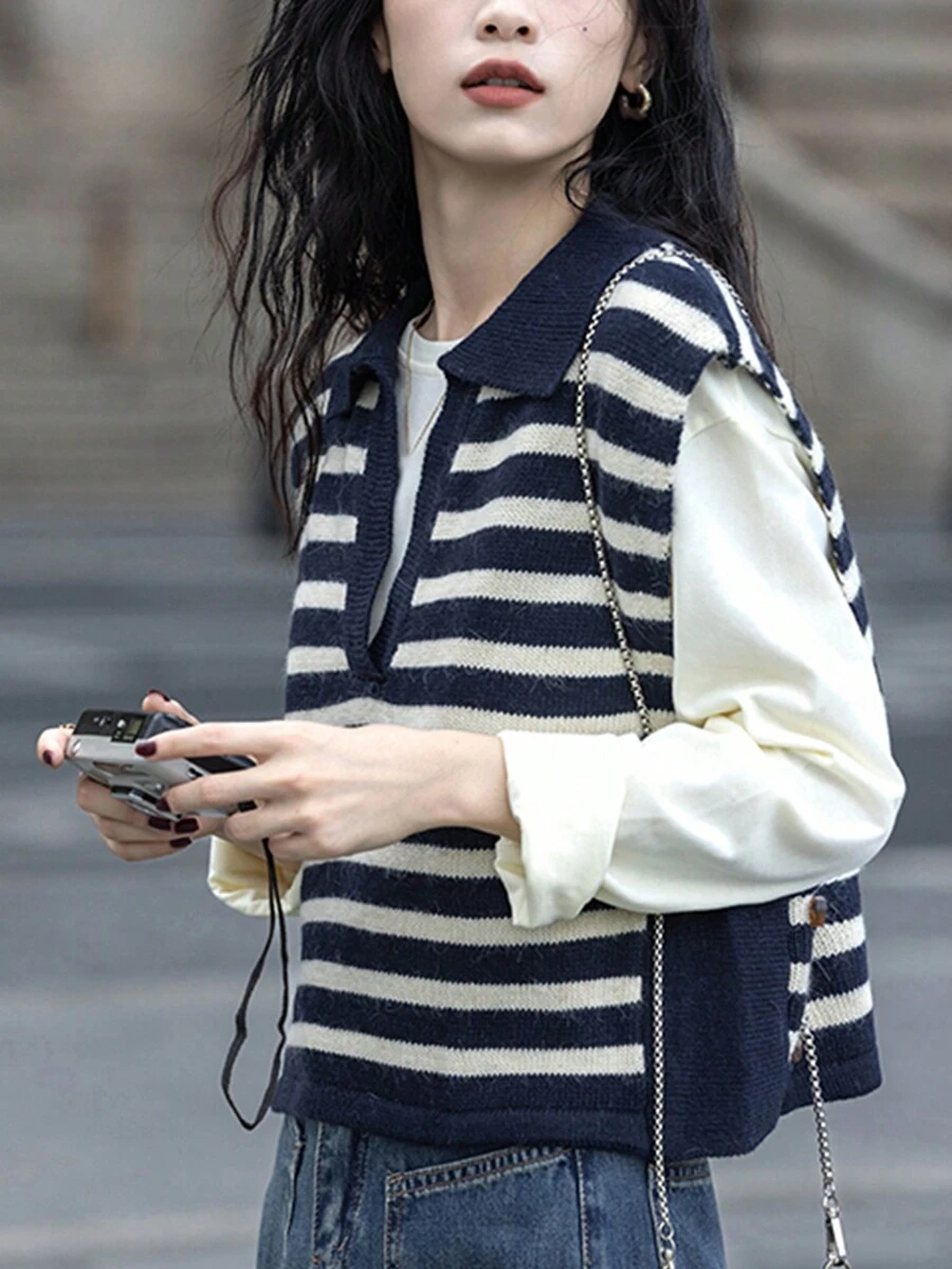 Striped V-Collar Sweater Vest - Navy Blue - View 1