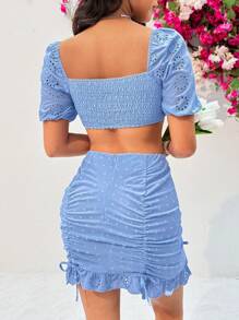 Soleia Women's Sweetheart Neckline Puff Sleeve Two Piece Set - Blue - View 5