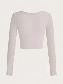 SHEIN Privé Women's Solid Color Notched Neckline Short Length T-Shirt With Long Sleeves - Black and White - View 3