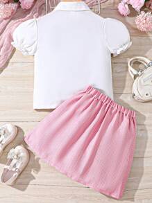 SHEIN Conjunto De Blusa De Multicapa Con Ribete De Volantes Y Falda Decorada Con Lazo Para Niñas Preadolescentes - Rosa - Ver 2