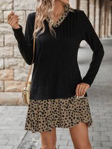 SHEIN LUNE 女裝兩件式長袖連衣裙,對比波點圖案板片設計 - 卡其色 - 查看 5