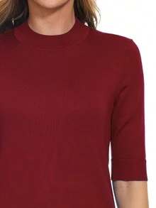 Chất rắn Ngắn tay Áo cao cổ Thon gọn Dệt kim Áo - Màu Đỏ Sâu - Xem 5