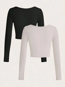 SHEIN Privé Women's Solid Color Notched Neckline Short Length T-Shirt With Long Sleeves - Black and White - View 2