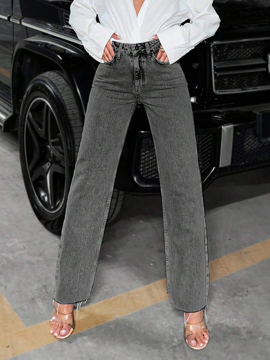 EURMUSE Women's Water Washed Straight Leg Jeans - Grey - View 1