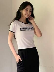 DAZY Của phụ nữ Vòng cổ Slogan In Áo thun - trắng - Xem 3