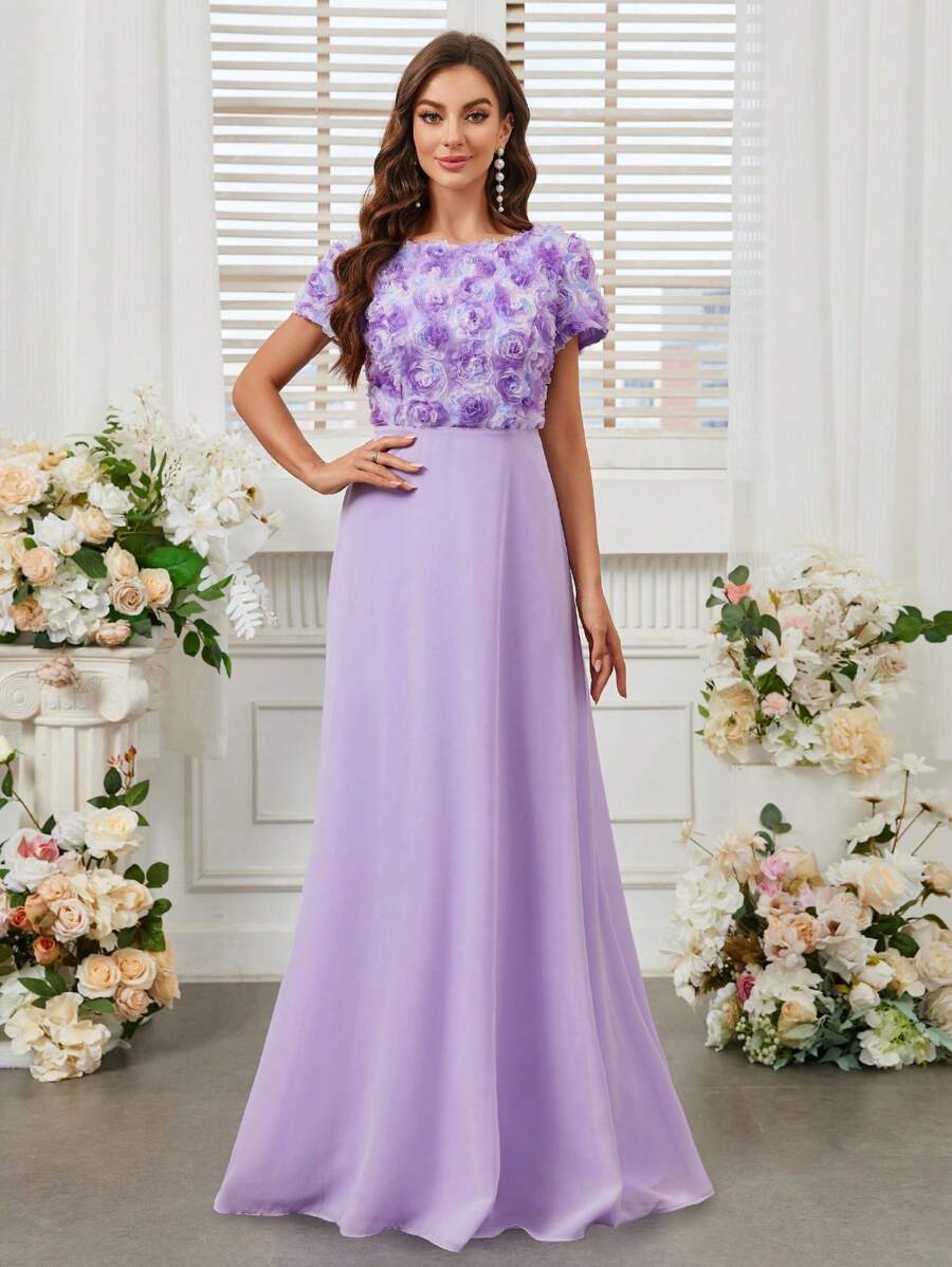 SHEIN Belle Thêu hoa U-Back Váy phù dâu Với 3D Hiệu ứng Hoa ( Người lớn ) - Màu tím hoa cà - Xem 1