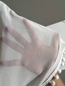 SHEIN Swim Curve 大尺碼女士花卉拼接毛球和服 - 白色 - 查看 6