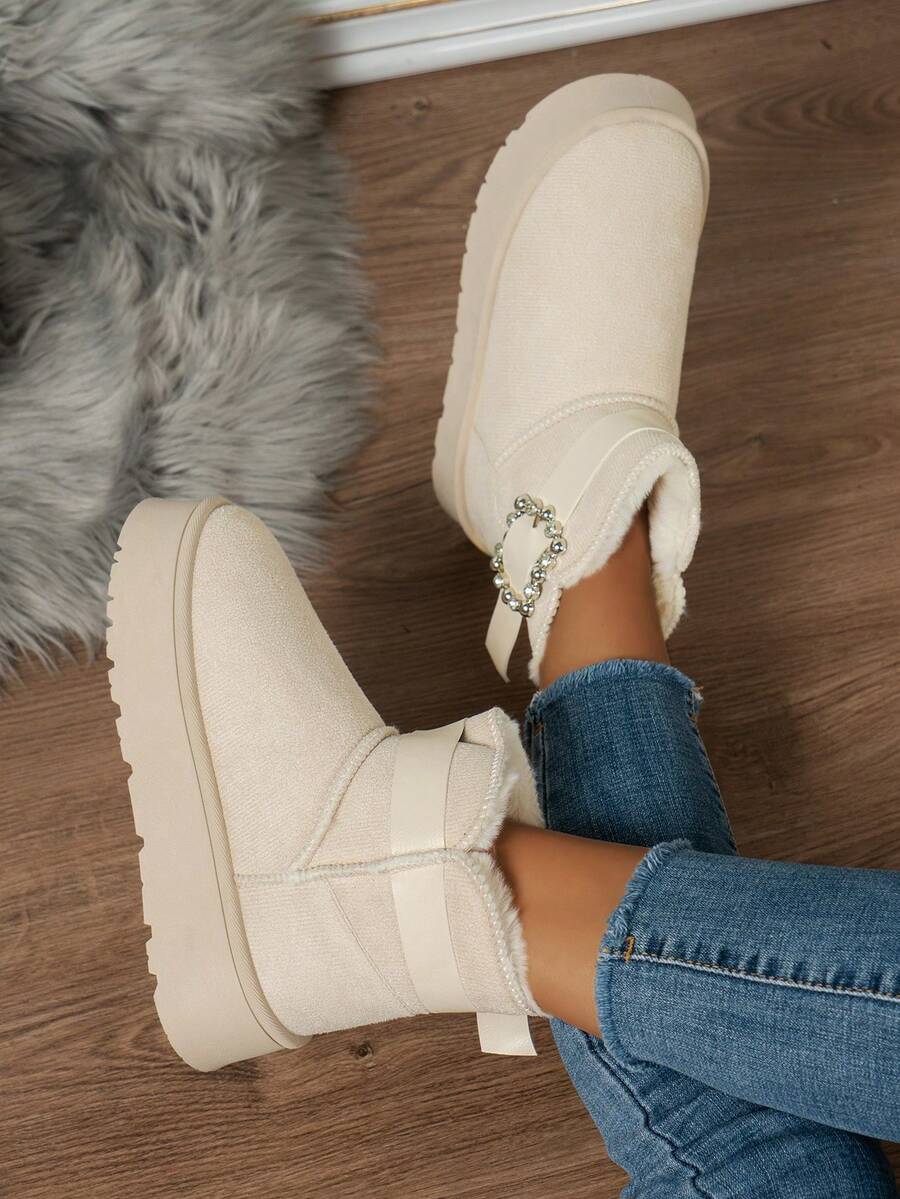 女式帶扣設計內墊毛滑冰鞋,圓頭粗底冬季雪地靴,米白色,適合日常穿著和通勤 - 米色 - 查看 1