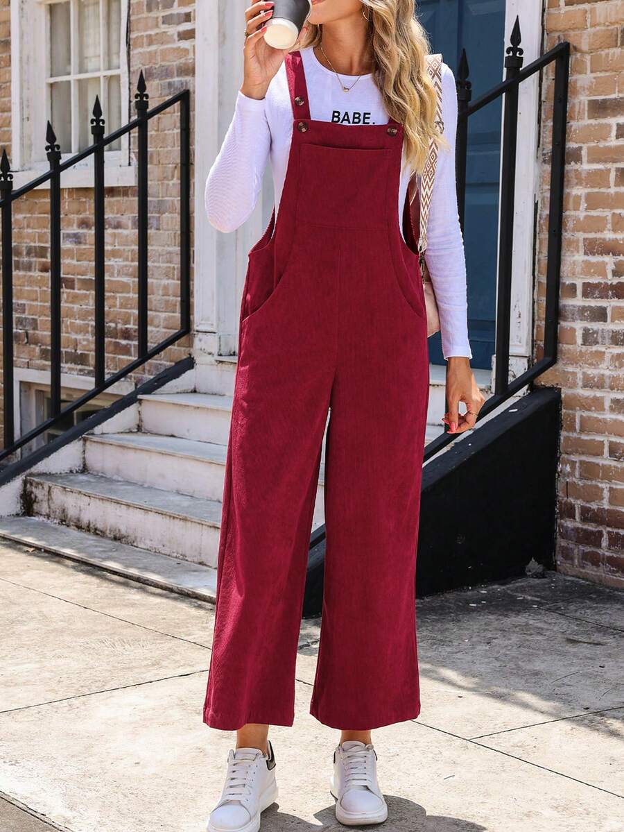 實心斜口口袋灰鵝絨寬腳肩帶連身褲 - 紅色 - 查看 1