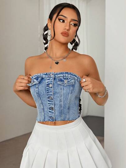 SHEIN ICON Bustieră din denim cu nasturi în față
