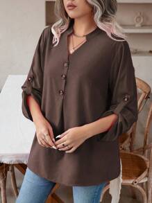 EMERY ROSE Plus Size Solid Color Rolled Sleeve Shirt Fall Cloth For Women - Coffee Brown - View 5