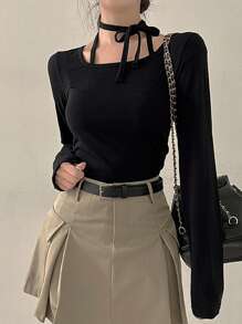 DAZY 女士休闲纯色蝴蝶结紧身T恤，春秋长袖女上衣，秋季女装