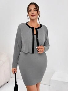 SHEIN Essnce Plus Size Spring Clothing New Casual Patchwork Contrasting Suspender Dress And Long-Sleeved Cardigan Women's Two-Piece Set - Grey - View 4