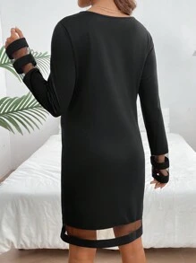 SHEIN Maternity V-Neck Mesh Panel Long Sleeve Dress - Black - View 2