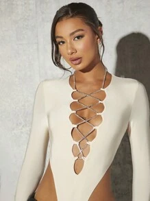 SHEIN BAE Women's Rhinestone Cross Detail Deep V-Neck Long Sleeve Bodysuit - Apricot - View 3