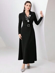 Modelyn Women's Long Sleeve Modest Dress With 3d Floral Decoration, Elegant Evening Party Maxi Modest Dress Black Blazer Dresssuit Dressbusiness Dress Long Evening Dresses - Black - View 4