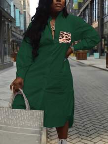 Maweii Plus Size Leopard Spliced Pocket Shirt Dress - Dark Green - View 1
