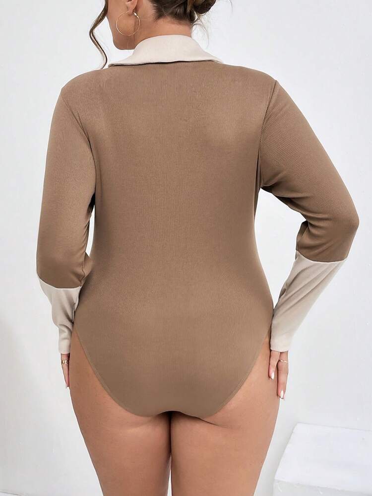 Plus Size Fashionable Colorblock Front Zipper Bodysuit