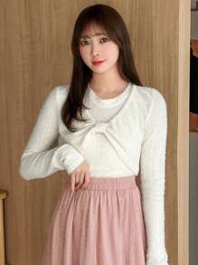 FRIFUL 女式兩件套毛絨背心和上衣 - 杏色 - 查看 5