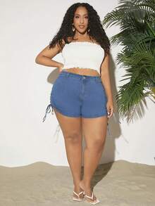 SHEIN CURVE+ Pantalones Cortos De Mezclilla Sexy Con Abertura Lateral Y Cordón Elástico Alto De Cintura Alta De Talla Grande, Azul - Azul - Ver 3