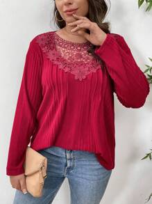 EMERY ROSE Plus Size Embroidered Floral Long Sleeve T-Shirt/Valentine's Day - Red - View 3