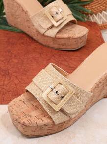 SHUZIA Women'S Beige Wedge Heeled Platform Sandals