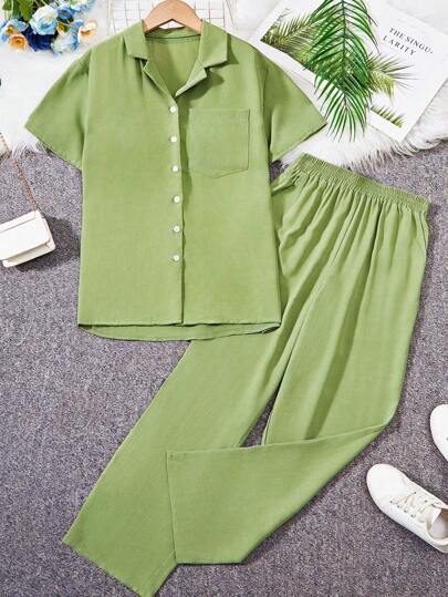 青少年男孩純色落肩袖衫和褲裝套裝