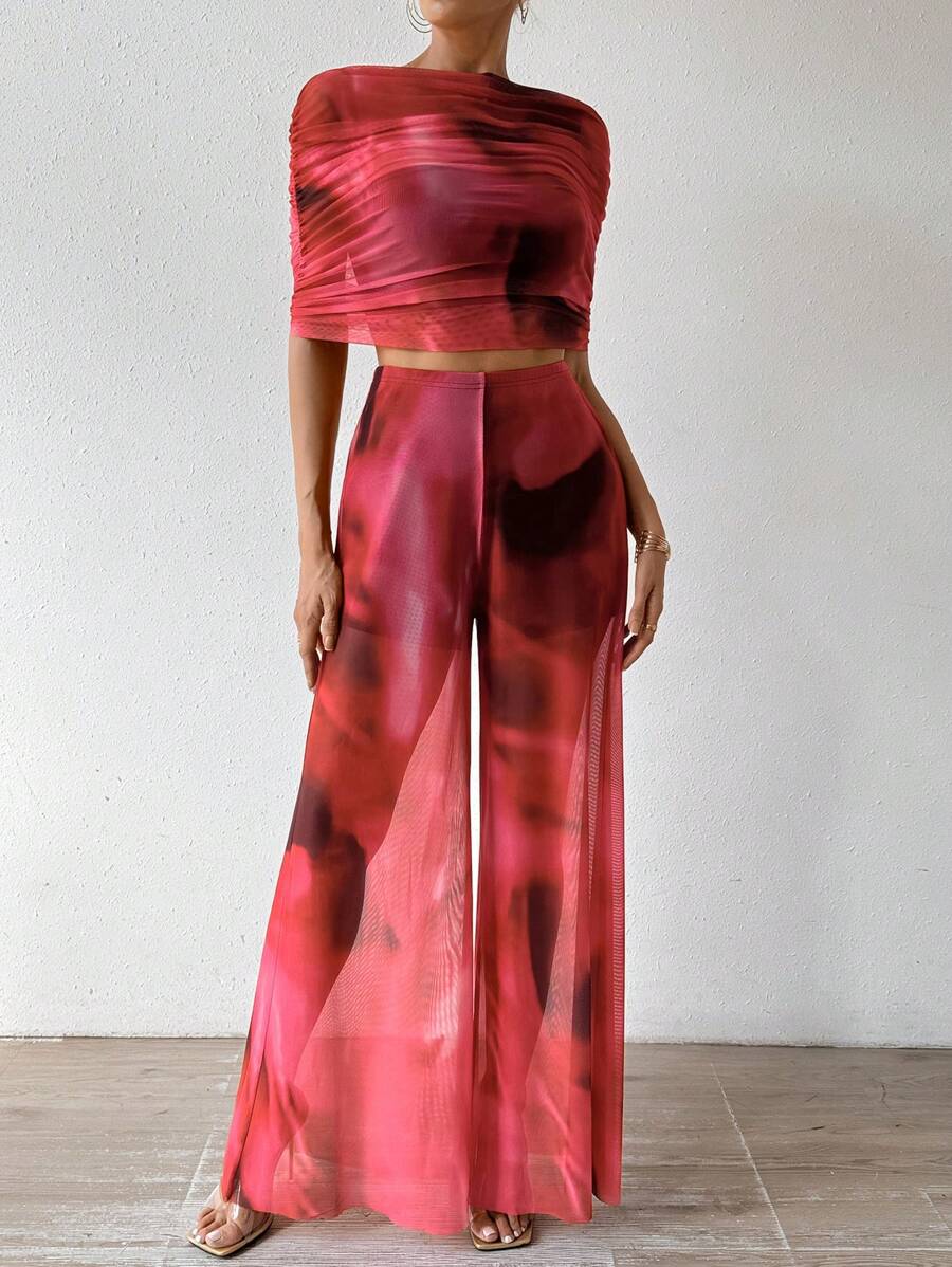 Chiquease 漸變色網紗荷葉邊短上衣寬腿褲套裝 - 紅色 - 查看 1