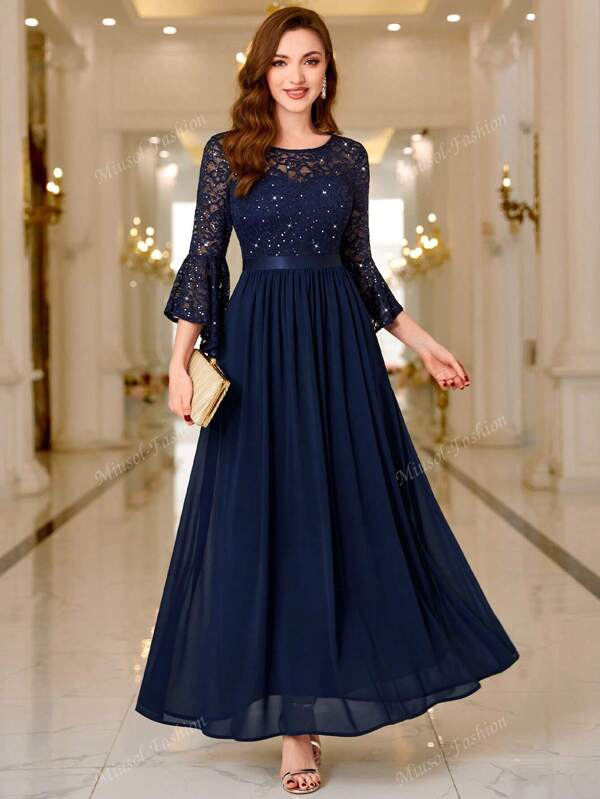 MIUSOL Sequin Floral Lace Flare Sleeve Contrast Chiffon Ruched Hem Formal Party Maxi Dress, Elegant Party, For Wedding Guest, Graduation, Dinner Evening Dress