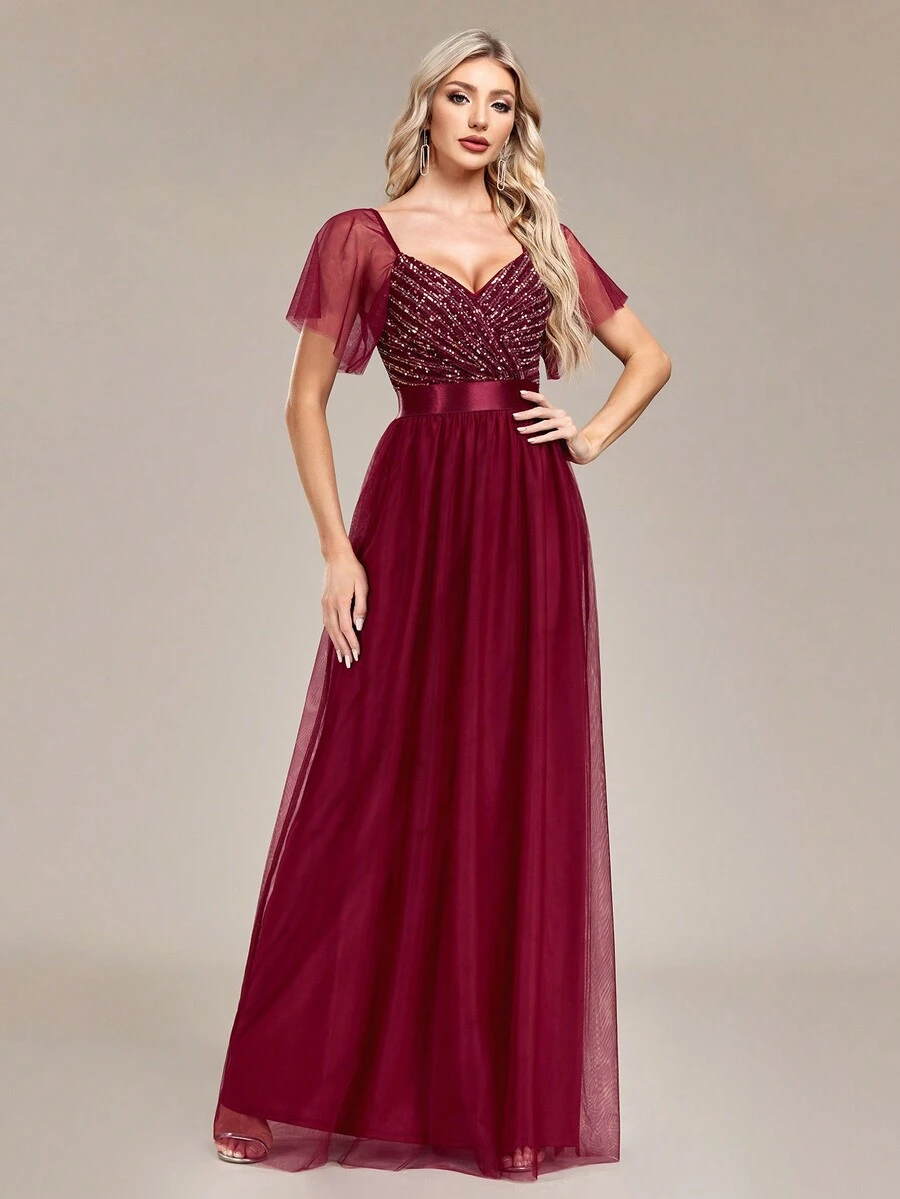 Vestido De Gala De Tul Transparente Con Mangas Abullonadas, Parche De Lentejuelas Y Diseño De Volantes Para Promoción - Burdeos - Ver 1