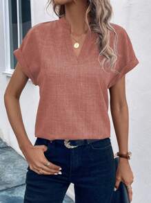 SHEIN LUNE Blusa De Manga Corta De Ala De Murciélago Con Cuello En V Cortado - Rosa coral - Ver 6